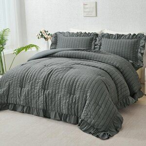 Dark Grey Ruffled Comforter Set Queen 5 Pieces Bed in A Bag Boho Shabby Chic